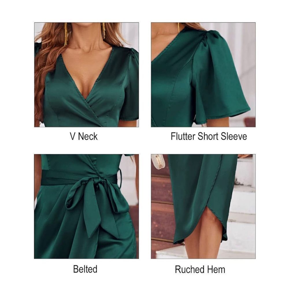 NEW Satin Cocktail Midi Dress Ruched Slit Wedding L NO BELT - Picture 4 of 6